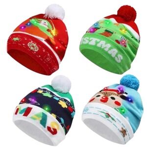Novelty Christmas LED Knit Beanie Hat Unisex 3 Light Up‎ Modes Whimsical 4 Pack